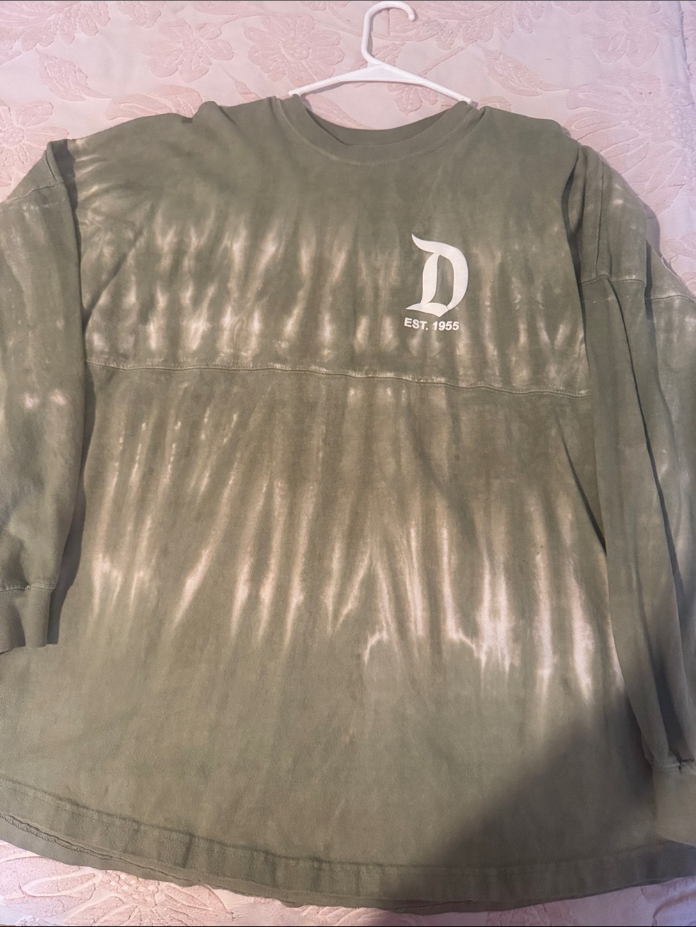 Disney Olive Green Tie-Dye Crewneck Sweater with White 'D' Logo